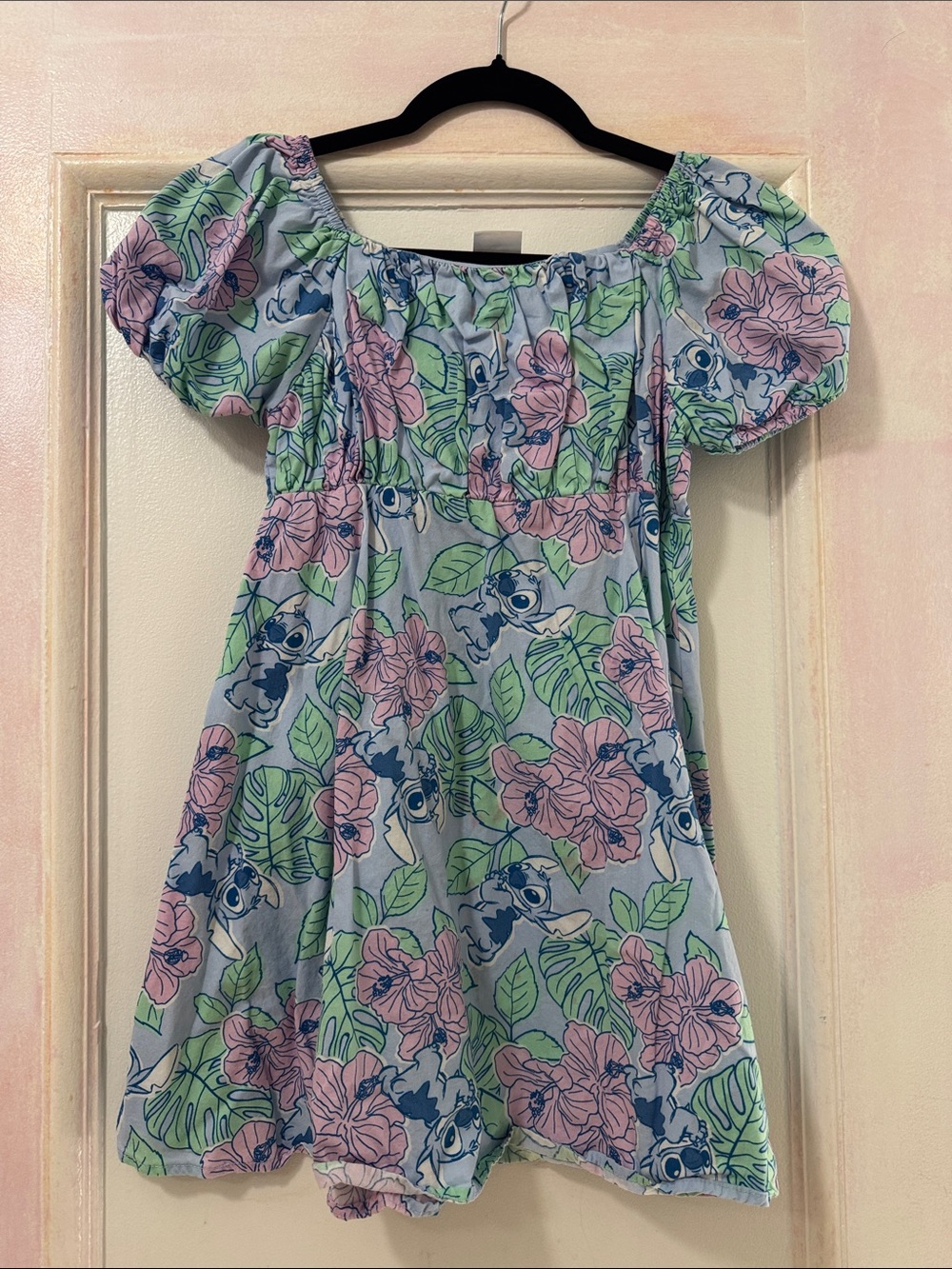 Disney Light Blue Floral Stitch Puff-Sleeve Dress
